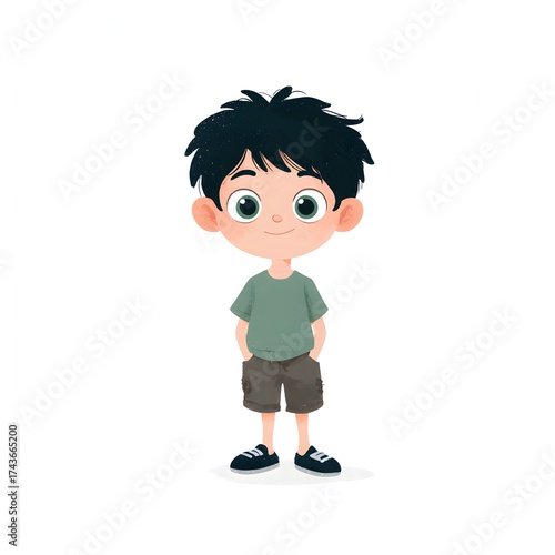A cartoon boy with dark hair wearing a green shirt and brown shorts standing on a white background