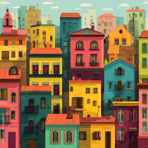 Colorful buildings in a city with a variety of shapes and sizes under a bright sky with light clouds