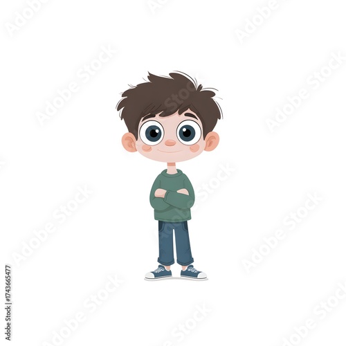 Cartoon illustration of a boy with brown hair wearing a green shirt and blue pants standing straight