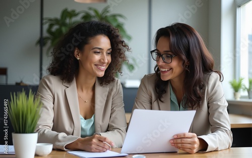 two young latina business women talking and working together in office, using documents and office supplies, teamwork concept. High quality