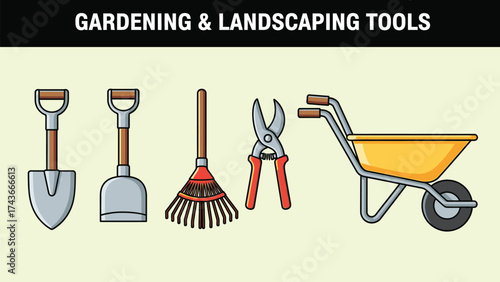 Various tools for yard work are displayed in this image bundle design