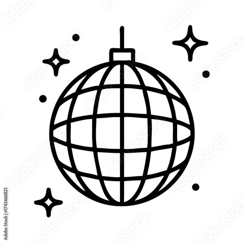 Simple line art icon of a disco ball hanging with sparkling stars and dots