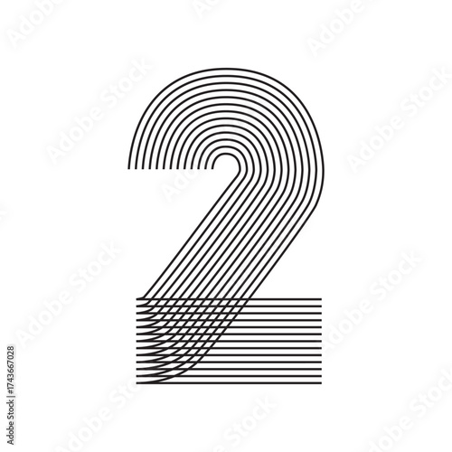 Number two 2 Line Art in black thin lines striped isolated on white background. Graphic design vector illustration for Banner Greeting Card Annual Report Poster Event Anniversary Symbol Jubilee Flyer