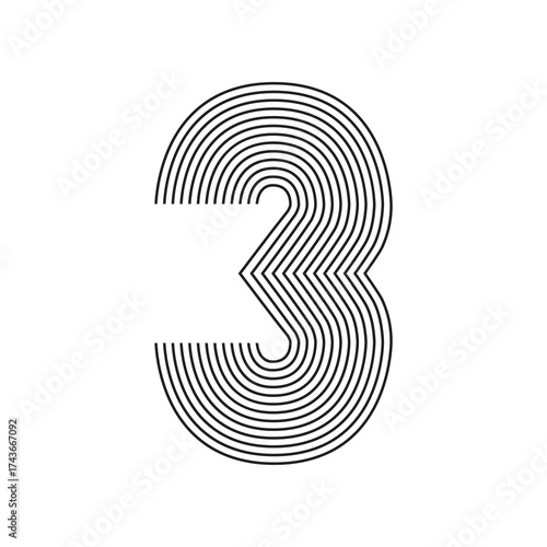Number three 3 Line Art in black thin lines striped isolated on white background. Graphic design vector illustration for Banner Greeting Card Annual Report Poster Event Anniversary Symbol Jubilee Ad