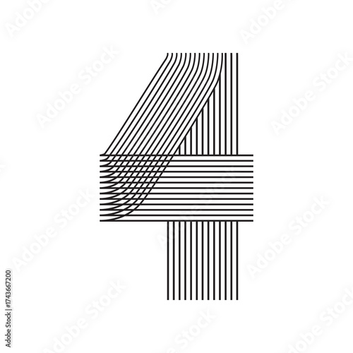 Number four 4 striped Line Art in black thin lines isolated on white background. Graphic design vector illustration for Banner Greeting Card Annual Report Poster Event Anniversary Symbol Jubilee Flyer