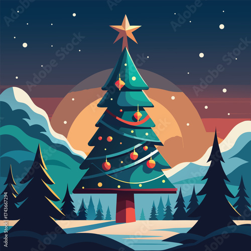 A christmas tree in a winter wonderland with snow and mountains at dusk