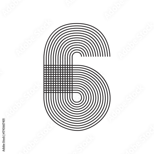 Geometric Number six 6 Line Art in black thin striped lines isolated on white background. Graphic design vector illustration for Banner Greeting Card Annual Report Poster Event Anniversary Symbol Sign