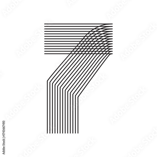 Number seven 7 linear in black thin striped lines isolated on white background. Graphic design vector illustration for Banner Greeting Card Annual Report Poster Event Anniversary Symbol Jubilee Flyer