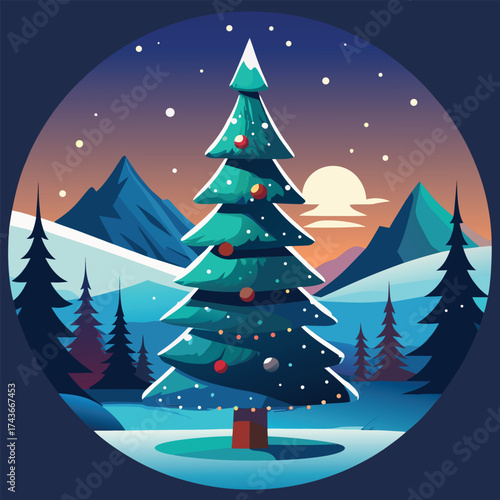 A christmas tree in a winter wonderland with snow and mountains at night