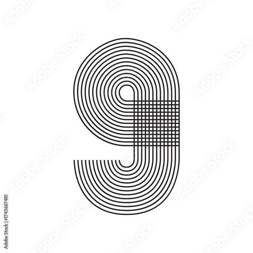 Number nine 9 linear in black thin striped lines isolated on white background. Graphic design vector illustration for Banner Greeting Card Annual Report Poster Event Anniversary Symbol Jubilee Flyer