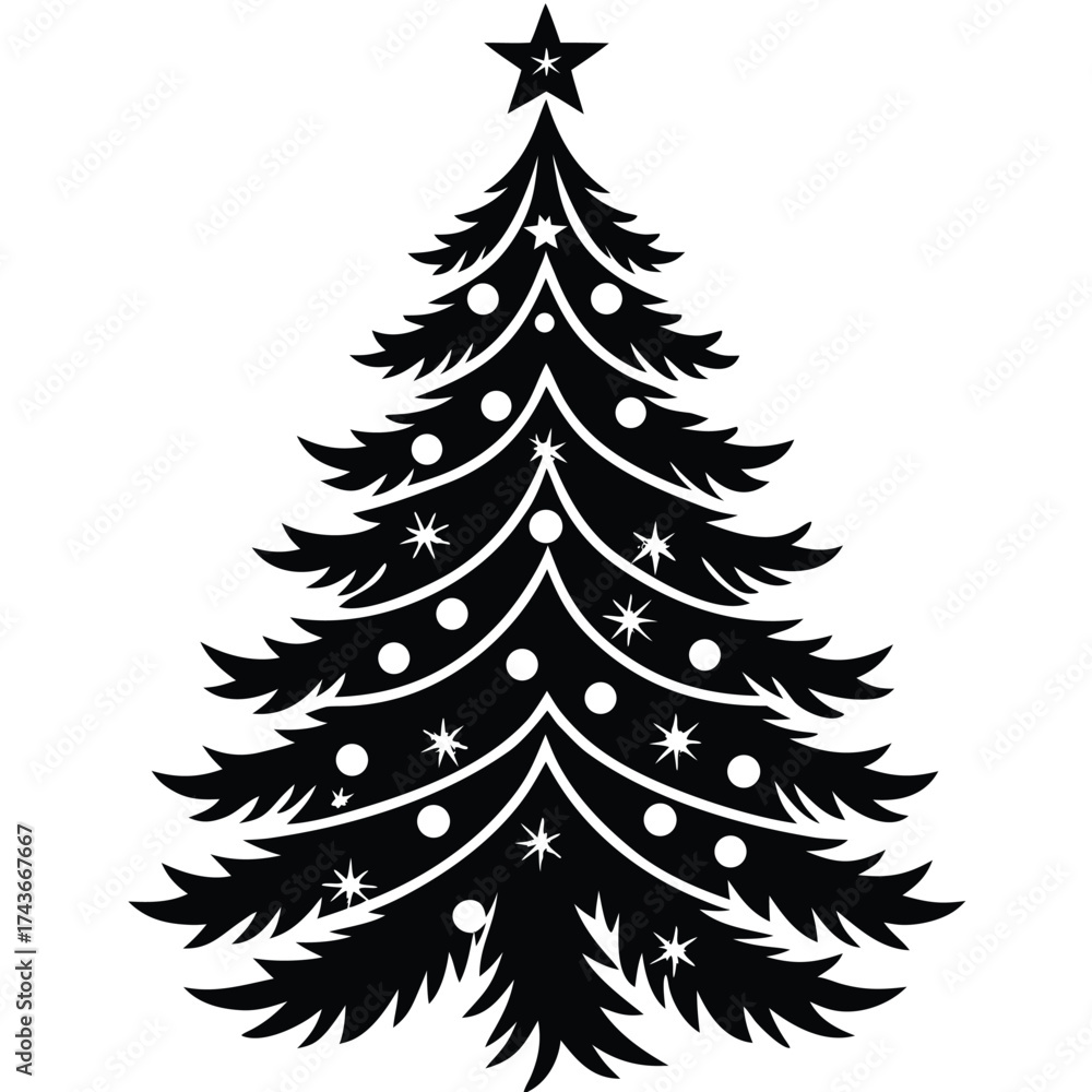 Obraz premium Silhouette of a christmas tree with star and balls
