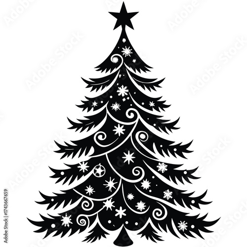 Silhouette of a christmas tree with decorations