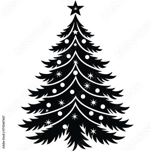 Silhouette of a christmas tree with star and balls