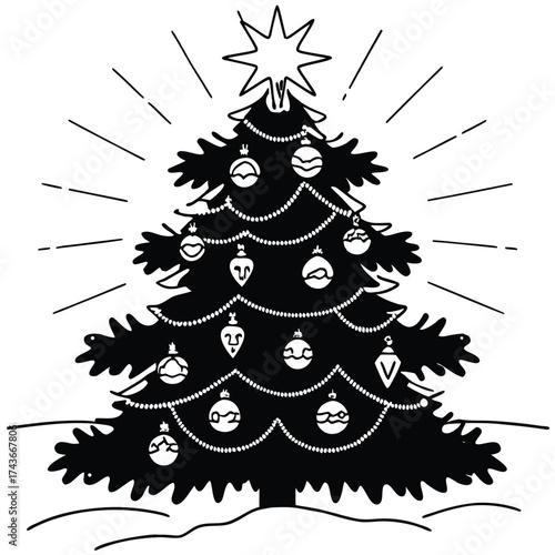 Monochrome christmas tree with many ornaments