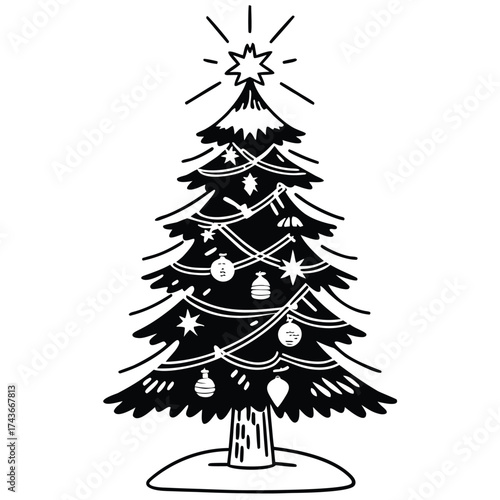 Monochrome christmas tree with ornaments and star