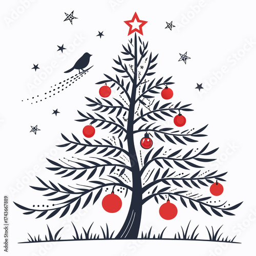 Stylized christmas tree with bird and red ornaments