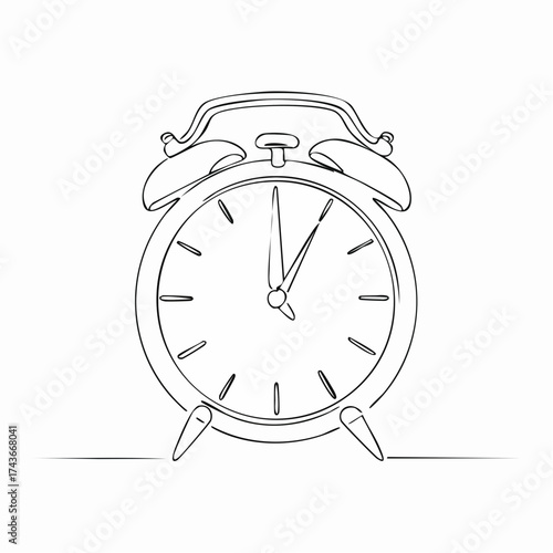 A simple line drawing depicts a classic alarm clock with hands indicating a specific time.