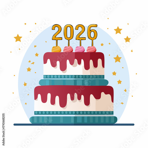 A festive two-tiered cake topped with the year 2026 candles, surrounded by stars.