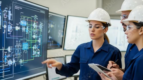 Team of engineers collaborating in a factory control room. Female engineer points to a process diagram on a large screen. Industrial technology and teamwork concept