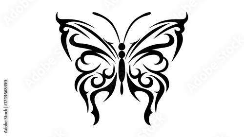 Elegant tribal butterfly tattoo design with intricate swirling patterns, perfect for branding, fashion, or nature-themed projects. Decorative monochrome insect art.