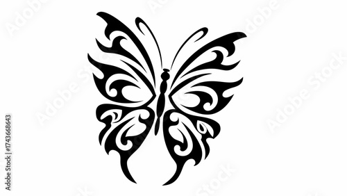 Elegant butterfly illustration with tribal flair and bold black lines ideal for tattoo design, branding, or nature-inspired art projects, a modern symbol of beauty