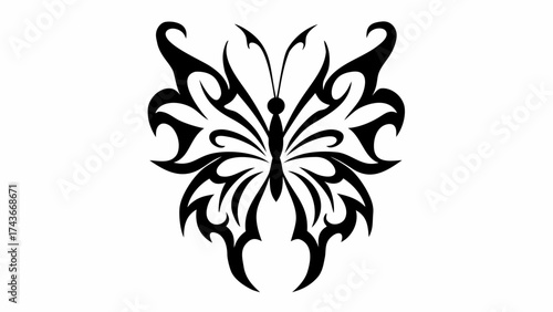 Bold tribal butterfly design with intricate black details, perfect for tattoos, stickers, or edgy apparel, originally a scalable vector graphic