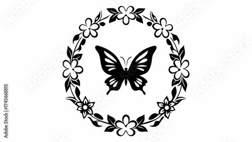 Elegant floral wreath with butterfly, perfect for invitations, logo design, or delicate branding for nature-inspired business themes, simple and refined touch