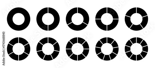Vector donut charts solid icons. Editable black set of circular diagrams with 1 to 10 segments. Perfect for dashboards, presentations and clean UI design. Simple data visualization graphics