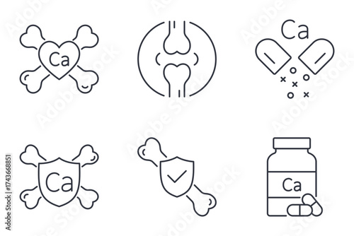 Vector icons calcium and bone health. Editable stroke thin line set of skeleton, joints and spine. Symbols of osteoporosis, orthopaedic care, nutrition. Healthcare pictograms hospital and rheumatology