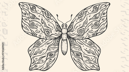 Elegant butterfly drawing with decorative wings, evokes nature's beauty and transformation for creative projects or symbolic designs, originally a scalable graphic