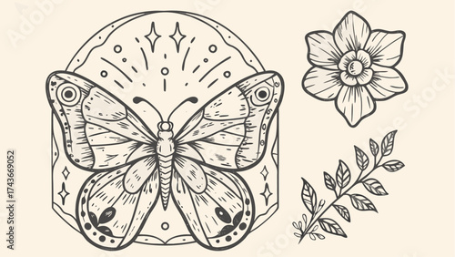Elegant butterfly art with celestial stars, mystic flower, and delicate leaves, perfect for nature-inspired designs and artistic projects needing a touch of magic