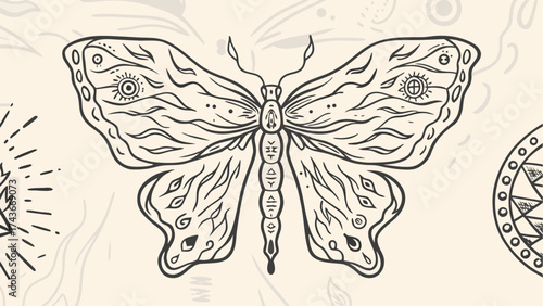 Intricate butterfly with celestial elements, perfect for spiritual designs, bohemian themes, or artistic projects with an ethereal and enchanting vibe