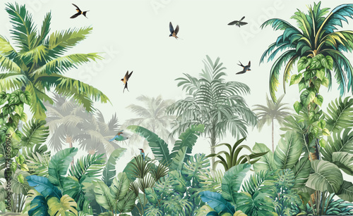 Jungle Palms Wallpaper Mural, Tropical Wall, Mughal Garden Illustration, Birds, Watercolor Background.