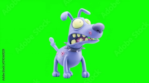 Happy halloween, whimsical 3d cartoon dog zombie  character quirky expression against a bright green background seamless looping video motion 4k, perfect for children's media, animation projects