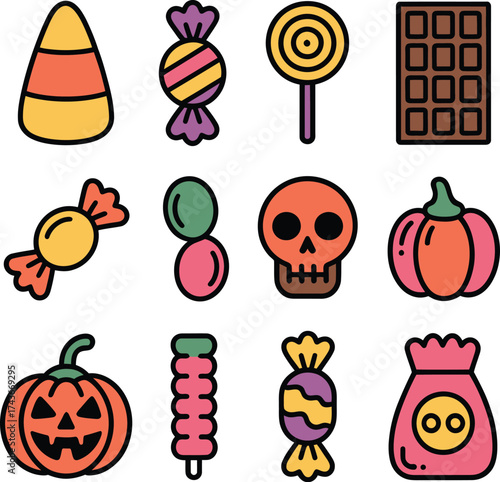 Halloween candy and pumpkin icons collection 