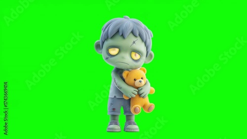 Happy halloween, cute cartoon zombie child holding a teddy bear stands against a vibrant green background seamless looping video motion 4k, perfect for Horror-themed promotions