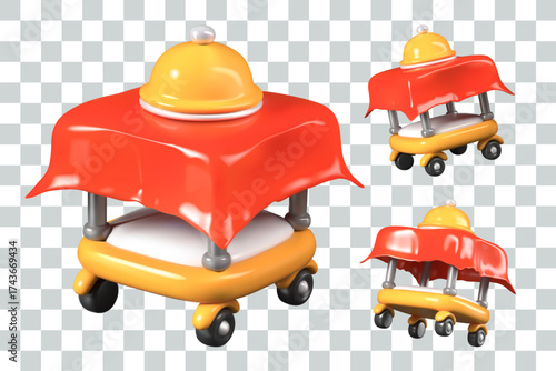 Serving table with red tablecloth, wheels. Food delivery to room. Services for relaxation. Lazy rest. Set of templates in plasticine style. Hot dishes for dinner, lunch, breakfast