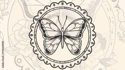 Detailed butterfly artwork in circular frame with flowers, perfect for nature lovers, tattoo designs, or elegant stationery, created from scalable vector graphic