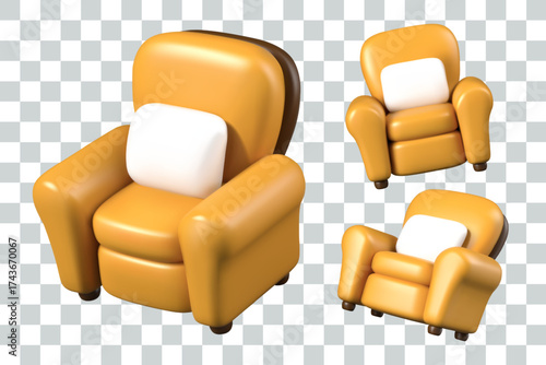 Realistic armchair with pillow. Upholstered furniture with nobody. Set of vector elements in different positions. Templates for virtual interiors, scenes, advertising