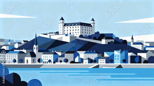 Photography ilustrasi Kastil Bratislava di atas bukit, Sungai Danube di bawahnya, kota kecil menawan