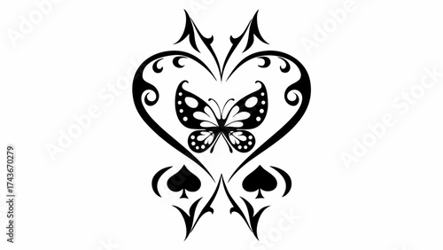 Elegant butterfly within a heart design, a symbol of delicate beauty and transformation, perfect for tattoo art and creative projects, originally a scalable vector