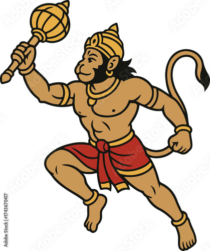 Hanuman Warrior Brandishing Mace In Dynamic Pose, Hindu Mythology Deity Illustration Art, Ancient Epic Symbol