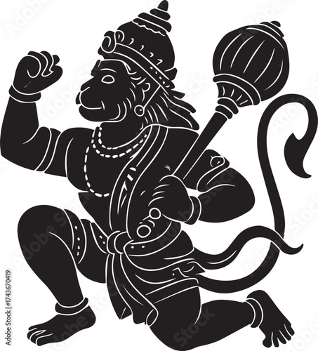 Sacred Hanuman: Dynamic Line Art Of Monkey God With Mace For Spiritual Decor