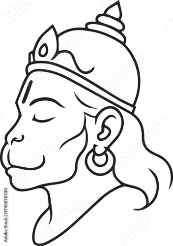 Side Profile Of A Sacred Monkey With Crown And Earring In Minimal Line Art