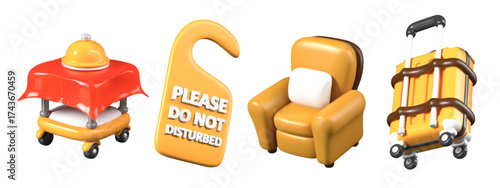 Set of isolated vector hotel items on white background. 3D serving table, chair, suitcase, do not disturb sign. Objects for creative concepts, advertising, service offers
