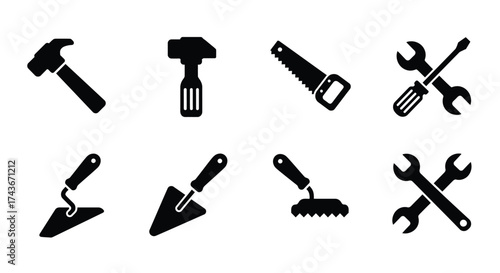 Collection of black silhouette icons representing various hand tools for repair