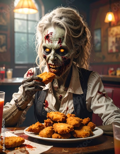 Zombie woman eating fried chicken in a diner