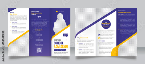 School admission trifold brochure template layout. Can be used for business, travel, education, healthcare, lawn care or business promotion ads. Clean and modern trifold brochure design.