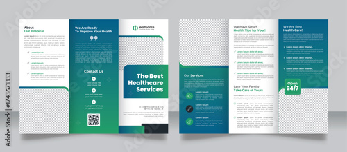 Medical healthcare trifold brochure template layout. Can be used for corporate, travel, school admission, lawn care or business promotion ads. Clean and modern trifold brochure design.