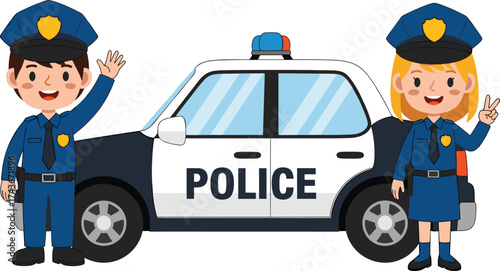 Cartoon police officers beside patrol car smiling and posing, promoting law enforcement, safety, teamwork, and educational vector illustration for children
